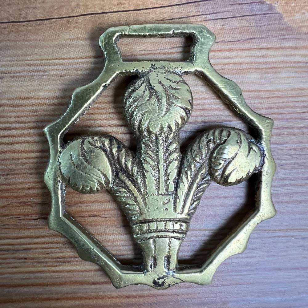 Vintage Prince of Wales Feathers Horse Brass Medallion England Harness Decor 2"